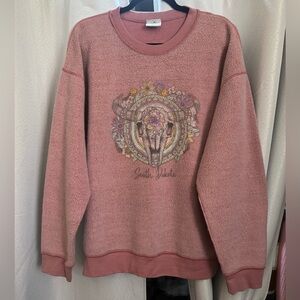 Women's Pink Inside Out Cow Skull Flowers Sweatshirt - XL (South Dakota)